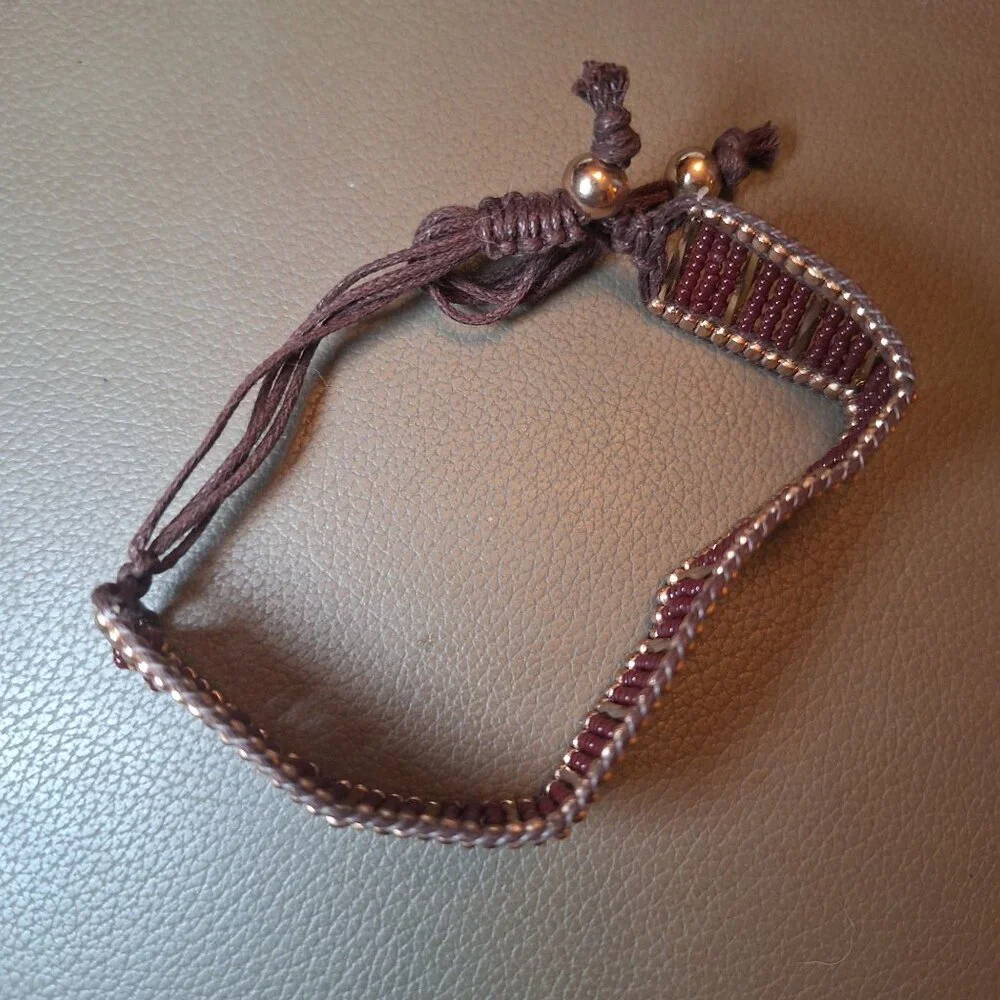 Handcrafted Brown Beaded Bracelet With Gold & Bronze Accents Adjustable Strap Ha